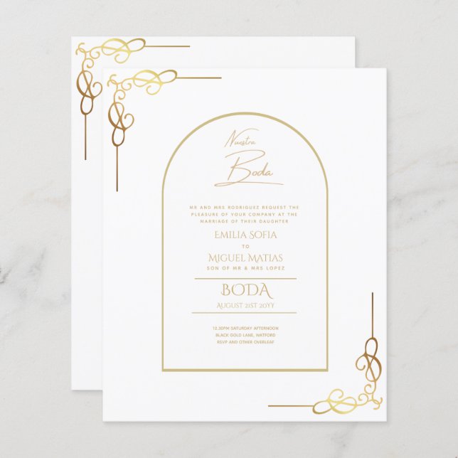 Nuestra Boda Budget Or Accent Invitation bilingue (Devant / Derrière)