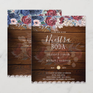 Nuestra Boda Burgundy Blue Floral Lace INVITATION