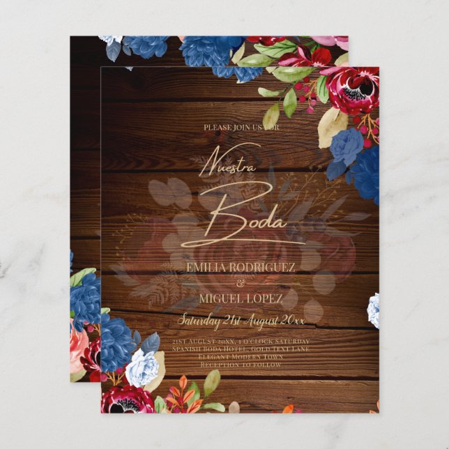 NUESTRA BODA Burgundy Blue Floral Wedding INVITE (Devant / Derrière)