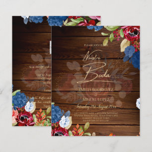 NUESTRA BODA Burgundy Blue Floral Wedding INVITE