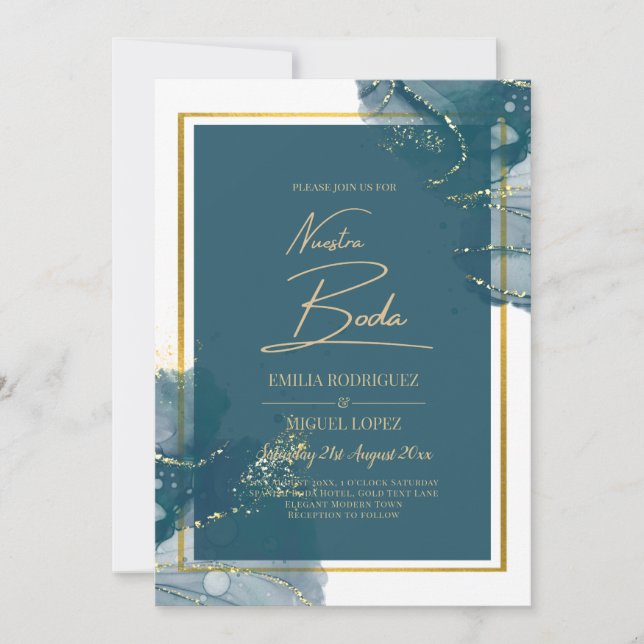 NUESTRA BODA Faire-part de mariage bleu paon et or (Devant)