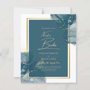 NUESTRA BODA Peacock Blue Gold Wedding Invitation