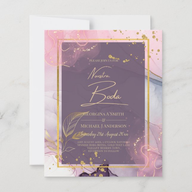 NUESTRA BODA Purple Pink Gold Ink Wedding INVITE (Devant)