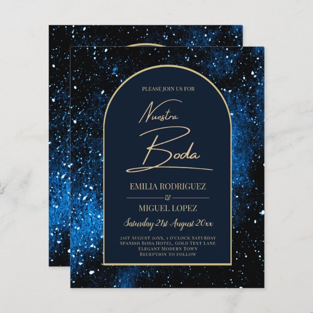 NUESTRA BODA Starry Night Marine Blue Gold INVITAT (Devant / Derrière)