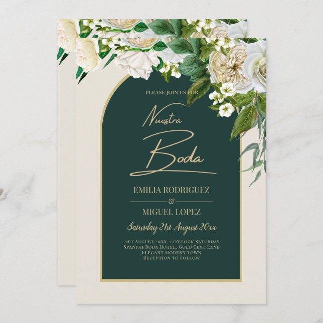 NUESTRA BODA Vert Or Blanc Roses INVITATION d'hive (Devant / Derrière)