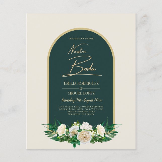 NUESTRA BODA Vert Or Blanc Roses INVITATION d'hive (Devant)