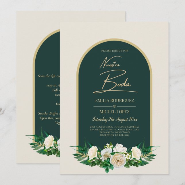 NUESTRA BODA Vert Or Blanc Roses INVITATION d'hive (Devant / Derrière)
