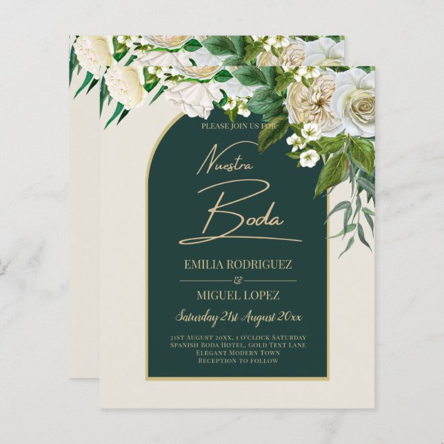 NUESTRA BODA Vert Or Blanc Roses INVITATION d'hive (Devant / Derrière)