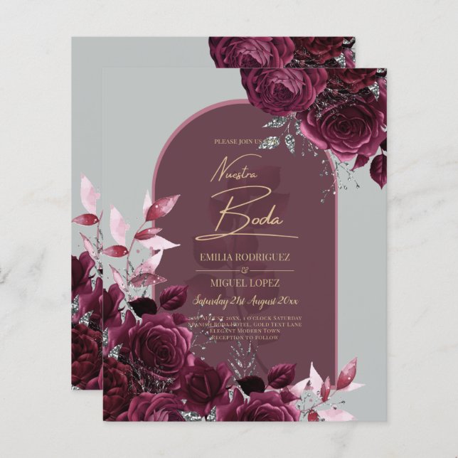 NUESTRA BODA Vin Roses rouges INVITATIONS (Devant / Derrière)