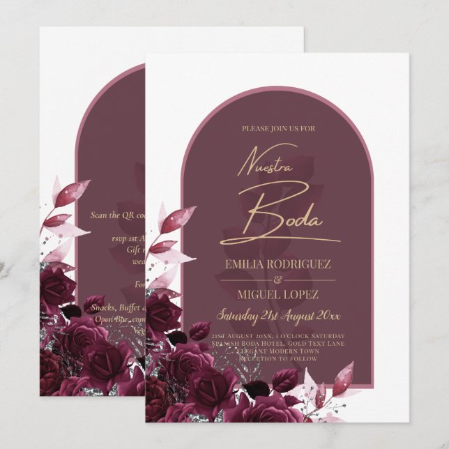 NUESTRA BODA Vin Roses rouges INVITATIONS (Devant / Derrière)
