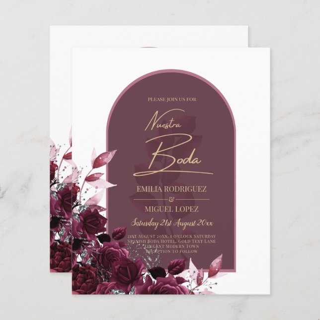 NUESTRA BODA Vin Roses rouges INVITATIONS (Devant / Derrière)