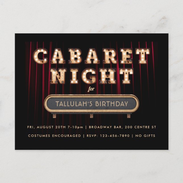 Nuit cabaret Anniversaire Fête Invitation (Devant)