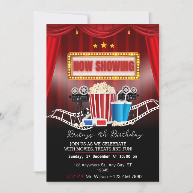 Nuit de cinéma rouge et noir Invitation de fête d' (Devant)