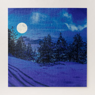 Nuit étoilée avec pleine lune en forêt puzzles