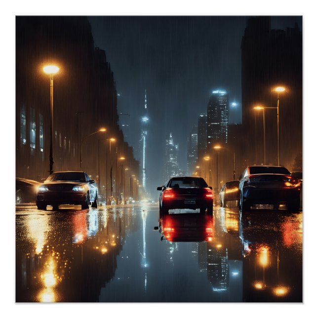 Nuit pluvieuse. Affiche de paysage urbain (Devant)