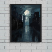 Nuit Ville Lune - Toile Bleue Foncé Art Mur
