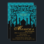 Nuits arabes, invitation d'anniversaire Turquoise<br><div class="desc">Nuits Arabes, Invitation Turquoise d'Anniversaire. Le thème des Nuits Arabes est un grand thème pour les fêtes d'adultes, les promos, l'sweet sixteen ou tout autre type de fête. Le texte de cette invitation est personnalisé pour votre parti. Ce design est turquoise avec une silhouette noire de ville arabe et des...</div>
