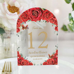 Numéro de table 16 Quinceañera Fleurs rouges Or