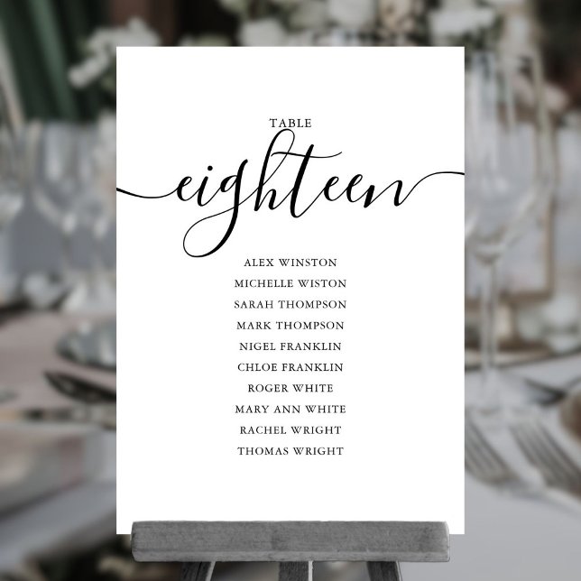 Numéro de table 18 élégant écriture noire Plan de  (Elegant Black Script Table Number 18 Seating Chart)