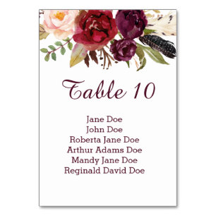 Numéro De Table #2 Marsala Rouge Blanc Roses Plumes Boho Table