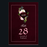 Numéro De Table 40e anniversaire du Mariage de Ruby<br><div class="desc">Carte de numéro de table du 40e anniversaire du mariage avec une pierre de taille en rubis monogrammée ornée de fleurs de prune rose rousse et bordeaux profondes et de pierres géométriques.</div>