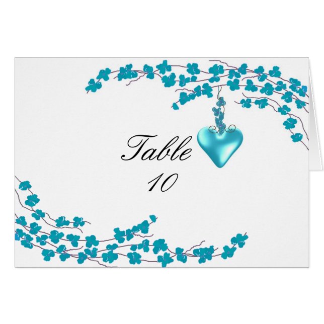 Numéro de table à fleurs d'aqua et à cœur suspendu (Devant Horizontal)