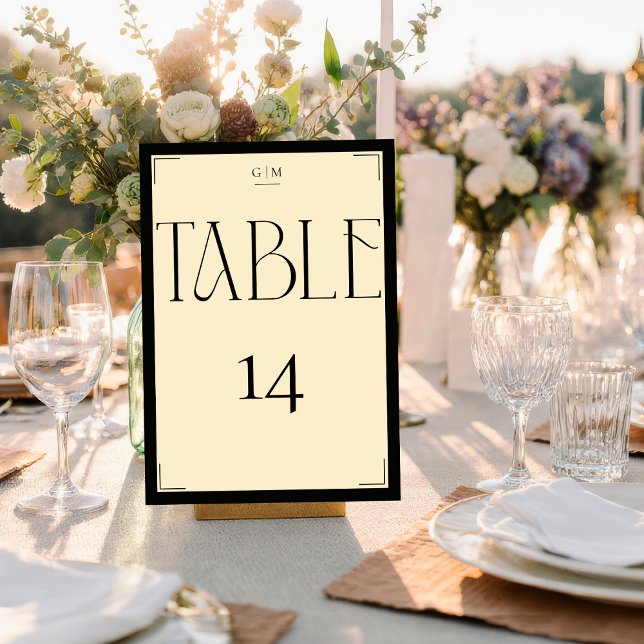 Numéro de table à monogramme crème noir élégant se (Créateur téléchargé)