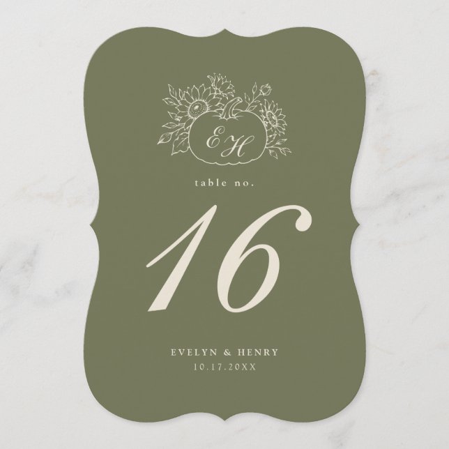 Numéro de table à monogramme en olivier-sage décou (Devant)