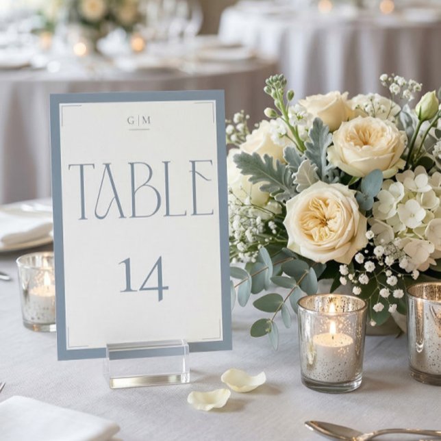 Numéro de table à monogramme gris bleu serif éléga (Créateur téléchargé)