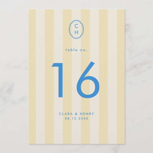 Numéro de table à monogramme rayé jaune beurre (Devant)