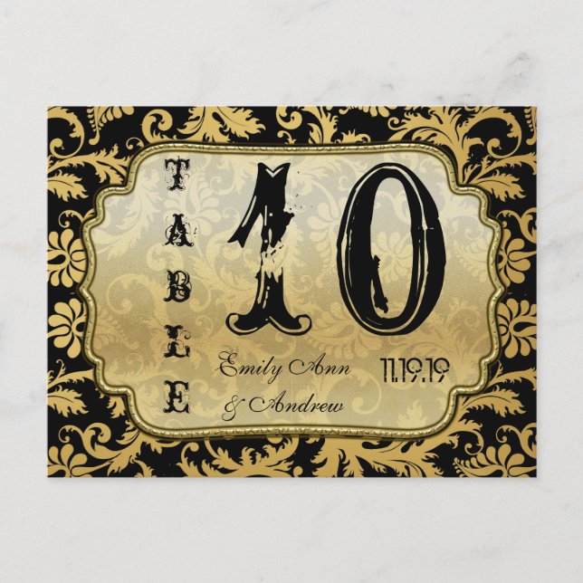 Numéro de table à tourbillons de damas noir et or (Devant)