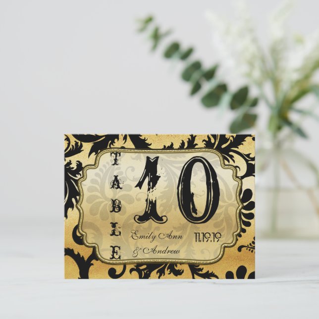 Numéro de table à tourbillons en damas noir et or (Debout devant)