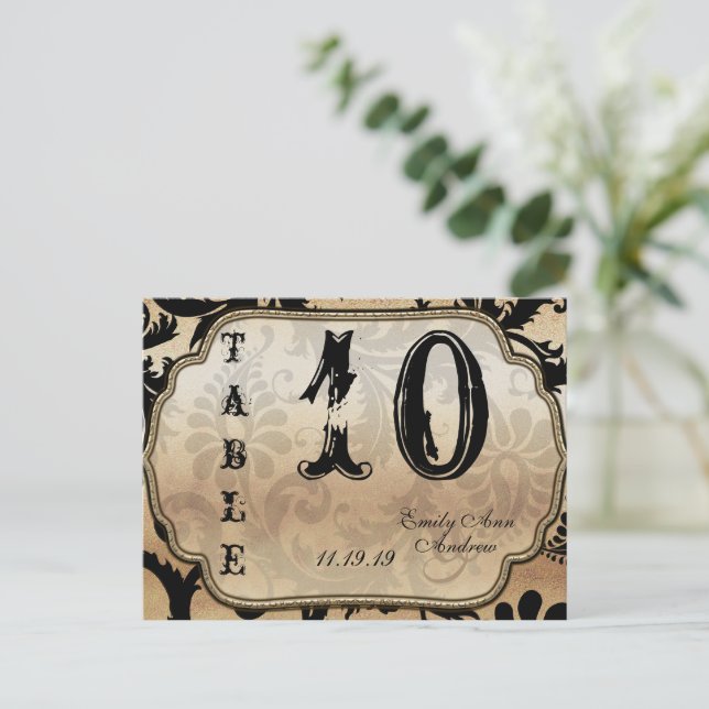 Numéro de table à tourbillons en damas noir et or (Debout devant)