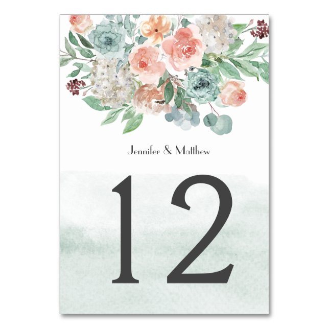 Numéro De Table Abricot en fleurs et floral aquarelle vert | (Par défaut)