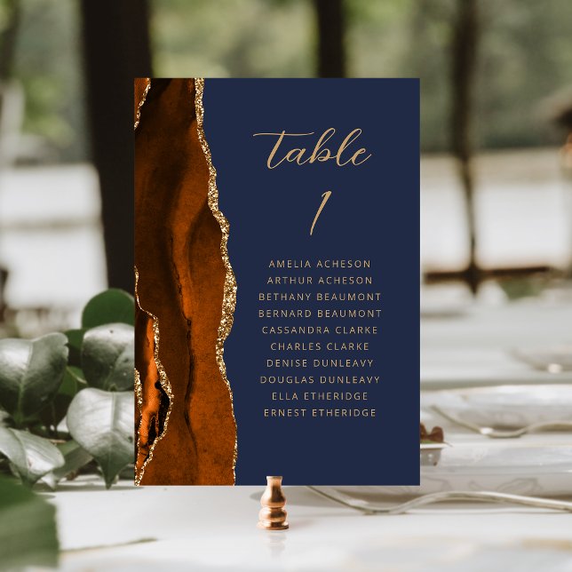 Numéro De Table Agate Brûlé Orange Gold Script Marine Mariage bleu (Créateur téléchargé)