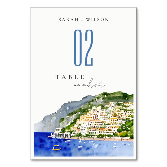 Numéro De Table Amalfi Coast Italie Aquarelle Mariage Paysage (Par défaut)
