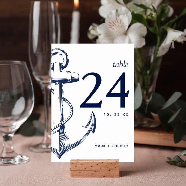 Numéro De Table Ancre de croquis nautique de marine moderne (Nautical anchor beach design on this table number card is perfect for your wedding reception decor.)