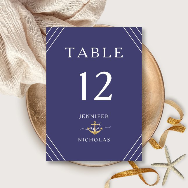 Numéro De Table Ancre d'or Bleu de marine  de marine Mariage (Nautical Stripes Gold Anchor Navy Blue Wedding Table Number)