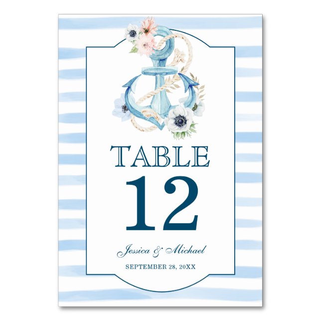 Numéro De Table Ancre florale nautique Blue Stripes Plage Mariage (Dos)