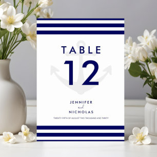 Numéro De Table Ancre nautique moderne Bleu Mariage