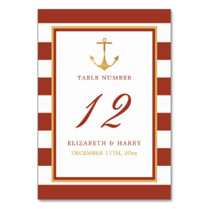 Numéro De Table Ancre or nautique, brique rouge et Mariage or