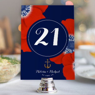 Numéro De Table Anémones rouges en cascade bleu et blanc marine