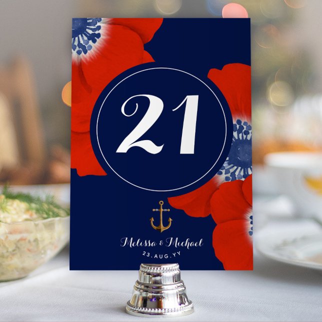 Numéro De Table Anémones rouges en cascade bleu et blanc marine (Nautical Red, White, and Blue Event or Wedding Table Numbers with Red Anemones)