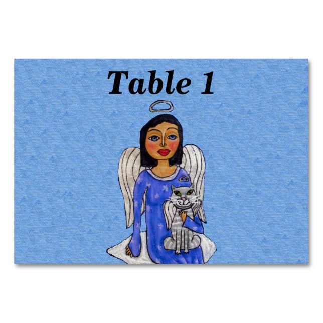 Numéro De Table Angel d'art populaire tenant un chat d'ange blanc  (Devant)