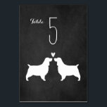 Numéro De Table Anglais Springer Spaniel Chiens Réception de maria<br><div class="desc">Anglais Springer Spaniel marié et marié silhouettes avec coeur. Une carte de table de réception de style tableau noir pour les amoureux de Springer. Chaque carte doit être numérotée et ajoutée au panier séparément. Visitez Jenn's Doodle World pour encore plus de cartes de table pour chiens de races et de...</div>