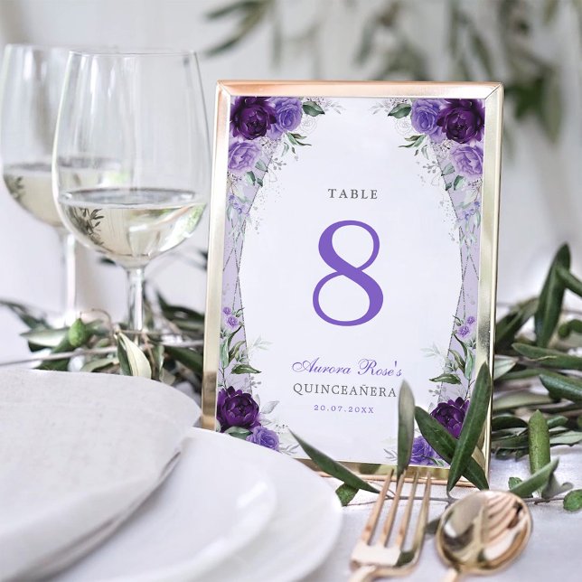 Numéro De Table Anniversaire Floral de Quinceanera en argent viole (Créateur téléchargé)