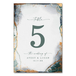 Numéro De Table Aquarelle Abstraite moderne Mariage vert et or