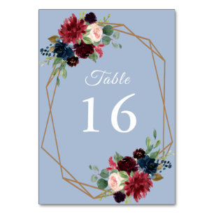Numéro De Table aquarelle bordeaux bleu poussiéreux mariage géomét