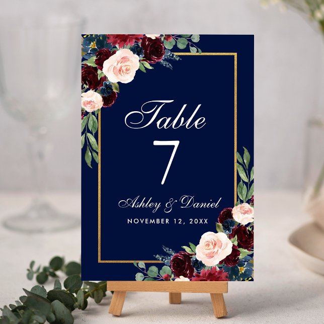 Numéro De Table Aquarelle Burgundy Bleu Floral Mariage or (Customize to change text size or text style.)