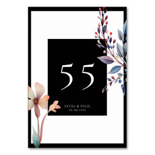 Numéro De Table Aquarelle classique Feuille bleu Mariage noir